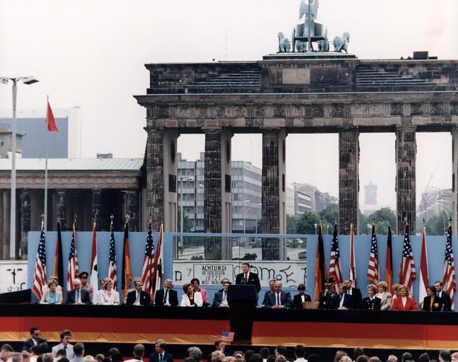 Ronald Reagan delivers his famous speech at the Berlin Wall in 1987.