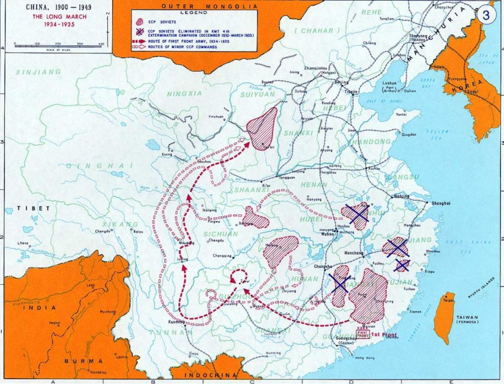 A map of the Long March from 1934 to 1935 during the Chinese Civil War.